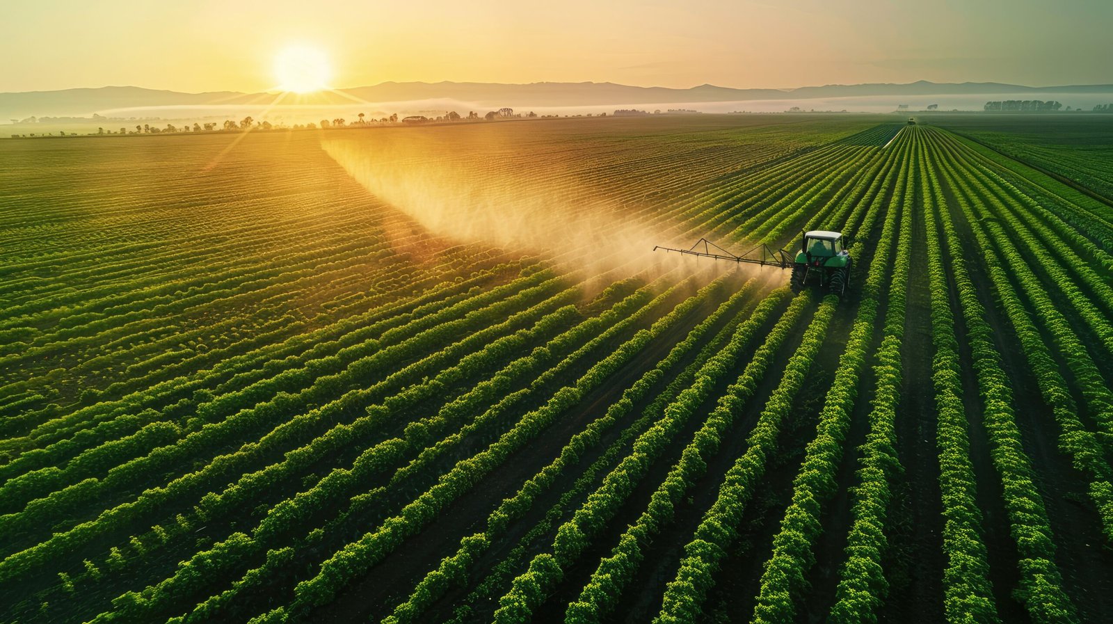 A modern tractor spraying chemicals on a lush green field, vibrant green crops, tractor in the foreground spraying mist, early morning with soft sunlight. Created Using: high-resolution photography style, dynamic angle, early morning light casting long shadows, detailed texture of the green crops, mist effect from spraying, vivid green hues, realistic farm equipment detail, 4k --ar 16:9 --style raw --stylize 250 Job ID: 3cc9a680-9cdf-48ea-b453-917a9b15aed5